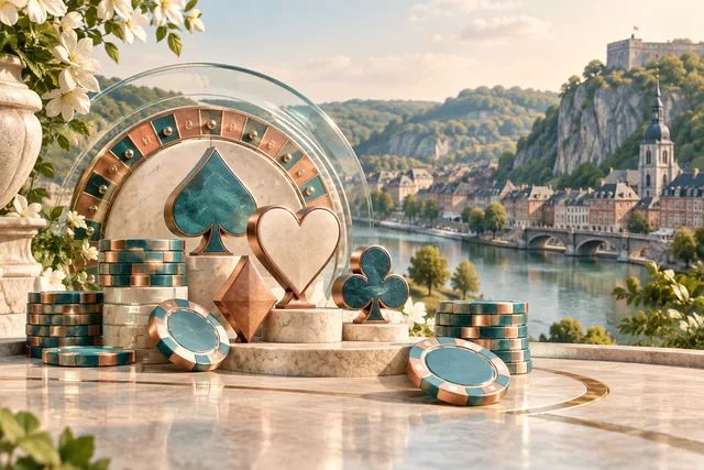 Illustration décorative de jetons et d’un paysage fluvial imaginaire